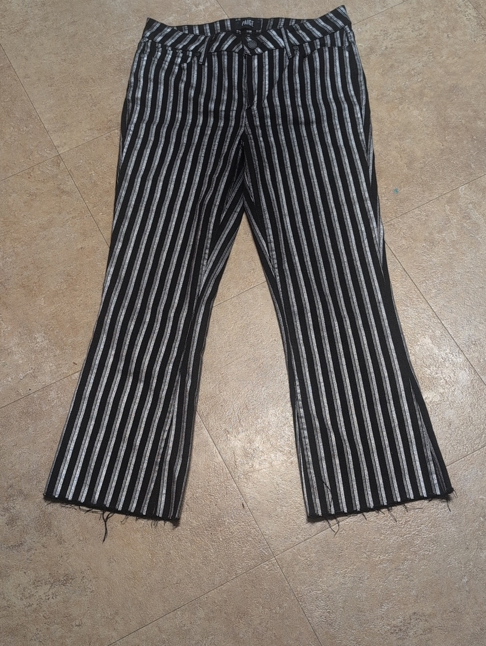 PAIGE Colette Crop Flare Black and Silver Vertical Stripe Woman's Jean